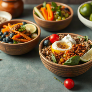 Healthy bowls with balanced toppings and portions