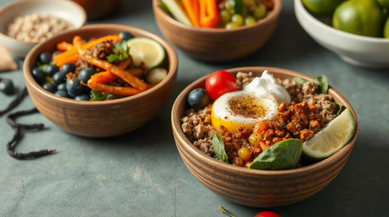 Healthy bowls with balanced toppings and portions